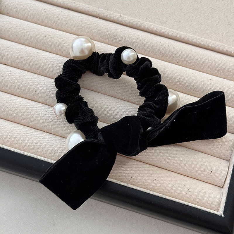 Women French Velvet Hair Scrunchie With Pearl Bow Knot Black