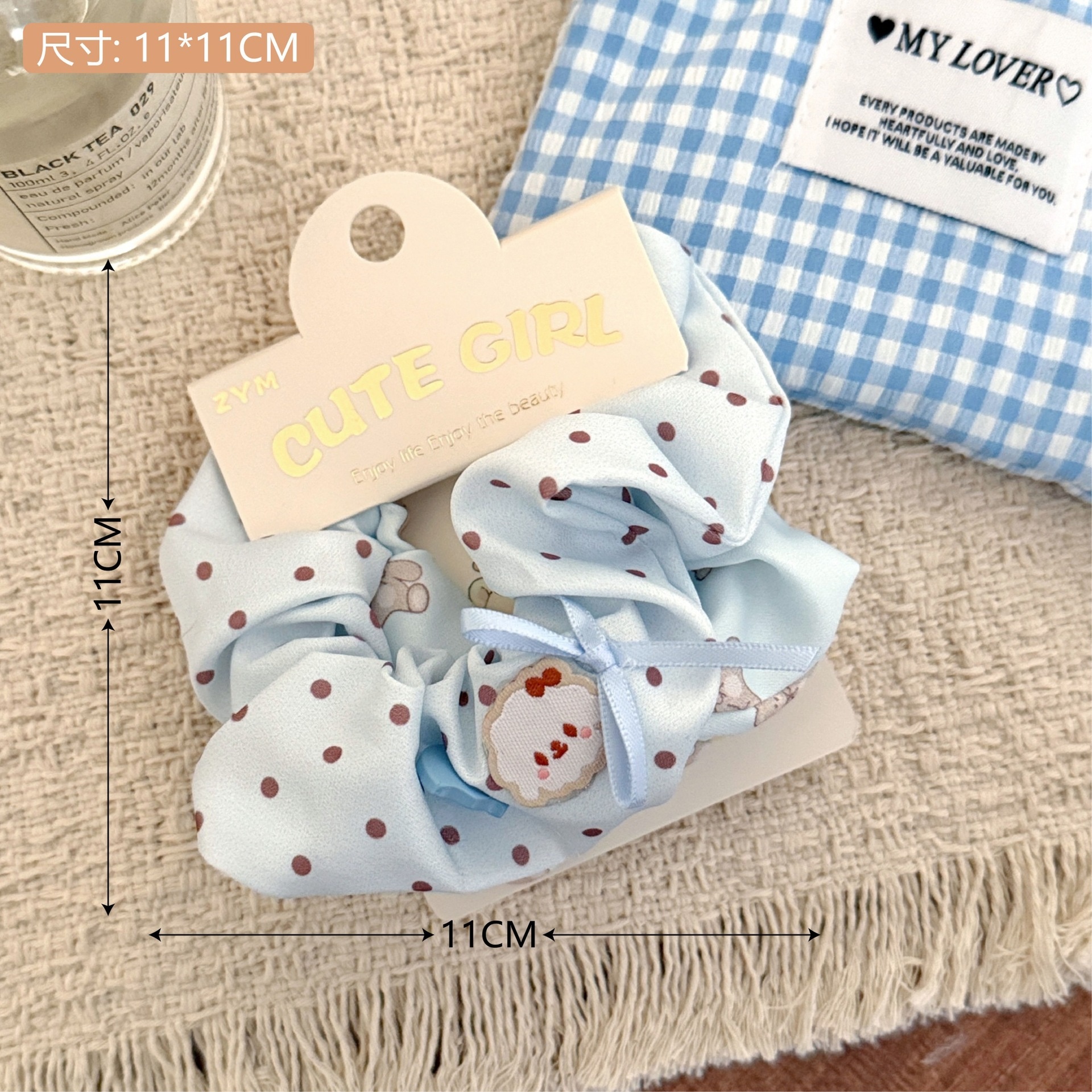 Girls Sweet Cloth Scrunchie Long Ribbon Bow Red Cherry Pattern