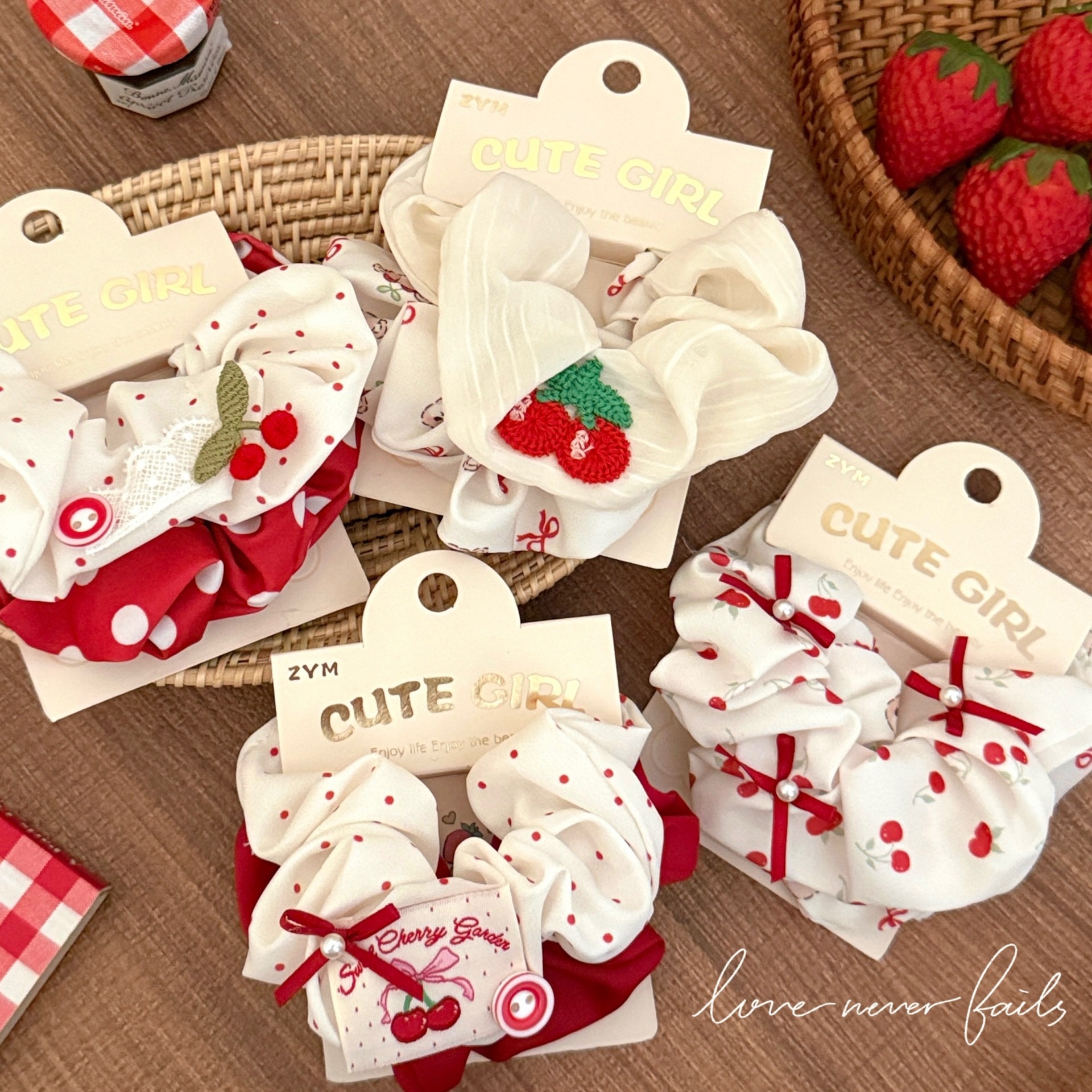 Girls Sweet Cloth Scrunchie Long Ribbon Bow Red Cherry Pattern