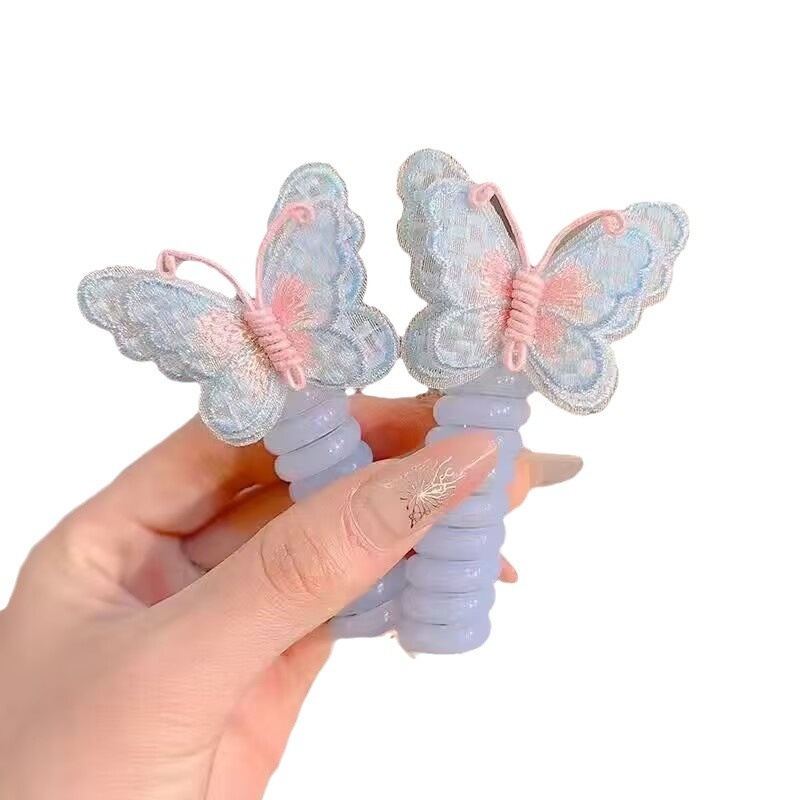 Girls Silicone Telephone Cord Ponytail Hair Rope Sweet Cartoon Butterfly