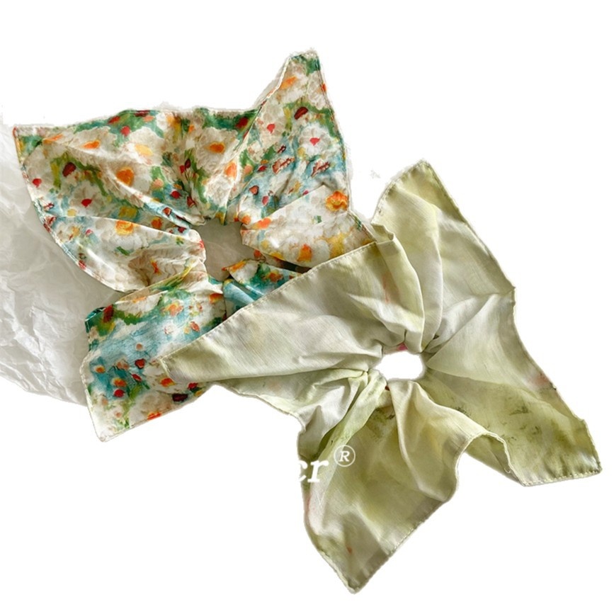 Women's Vintage Cloth Scarf Hair Tie Accessory Green Painted Flower