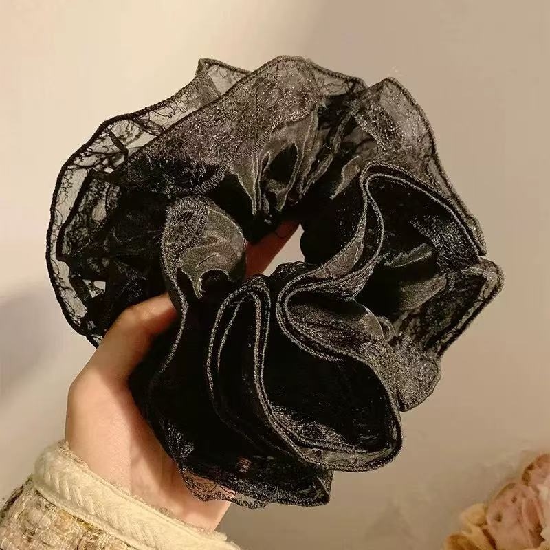 Women's Premium Oversized Lace Scrunchie Cloth Hair Tie Mint Plaid