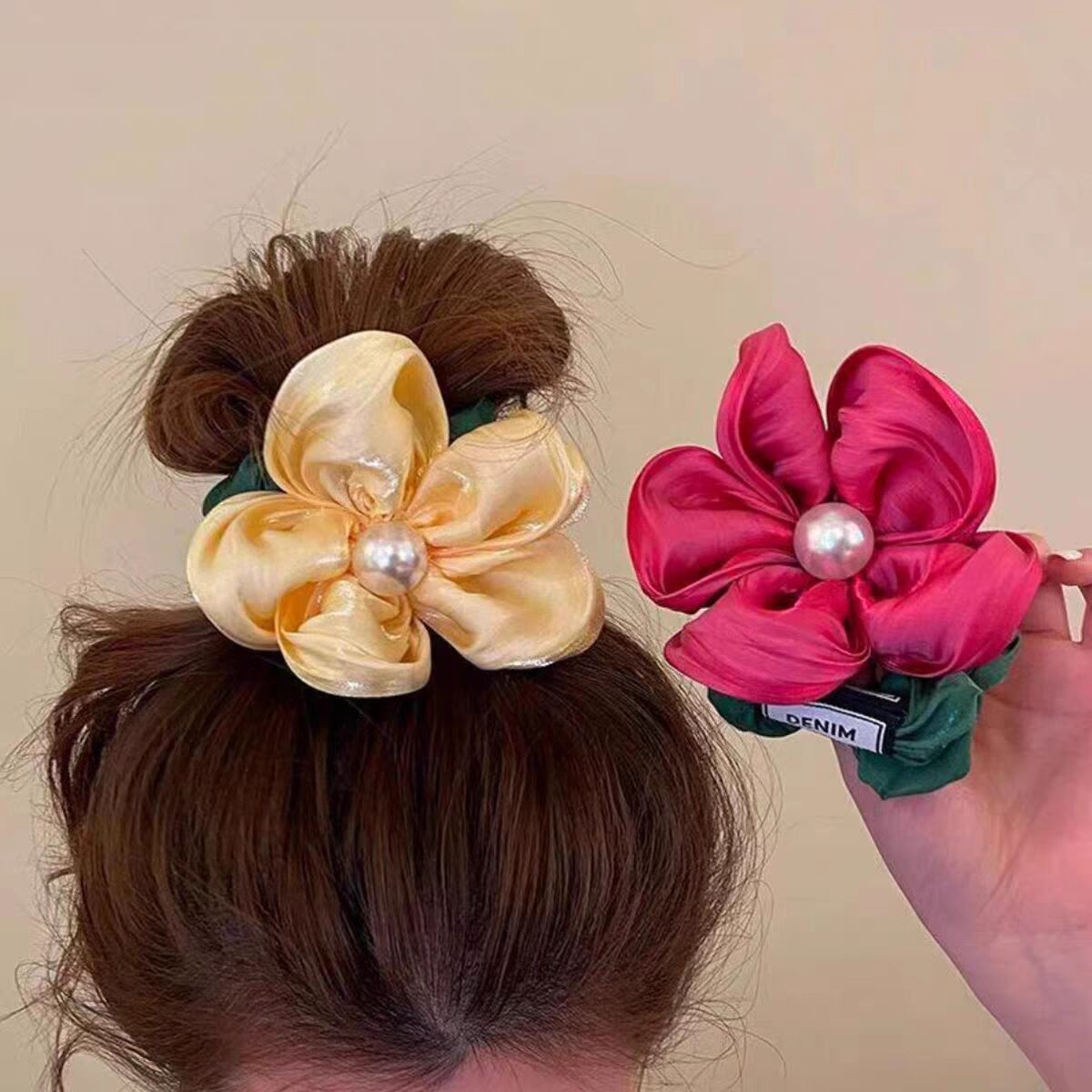 Women's High Elastic Pearl Telephone Cord Hair Tie Holiday Floral Scrunchie
