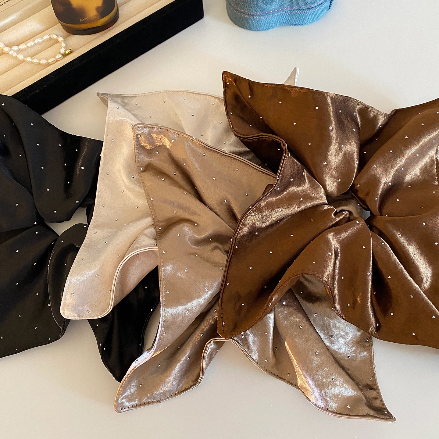 Women's Elegant Rhinestone Inlay Satin Hair Tie Scrunchie Beige