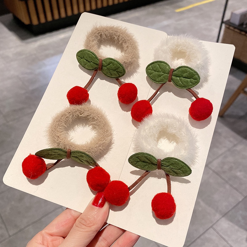 Women's Sweet Furry Cherry Ball High Elastic Hair Bands Rose Red