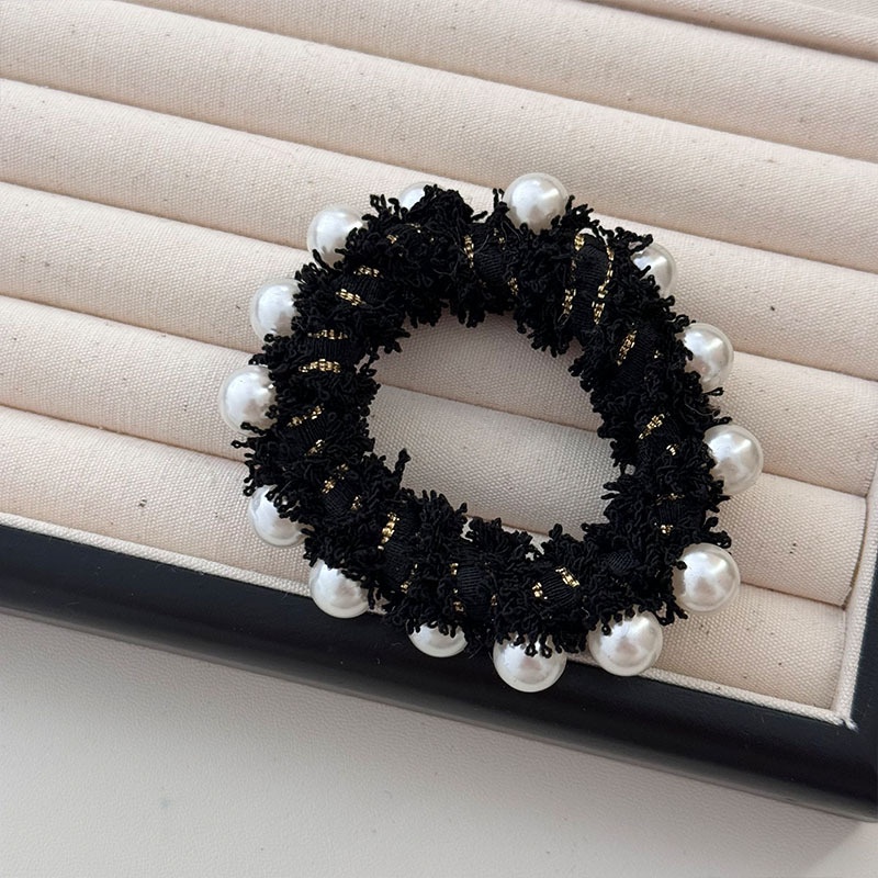 Women French Velvet Hair Scrunchie With Pearl Bow Knot Black