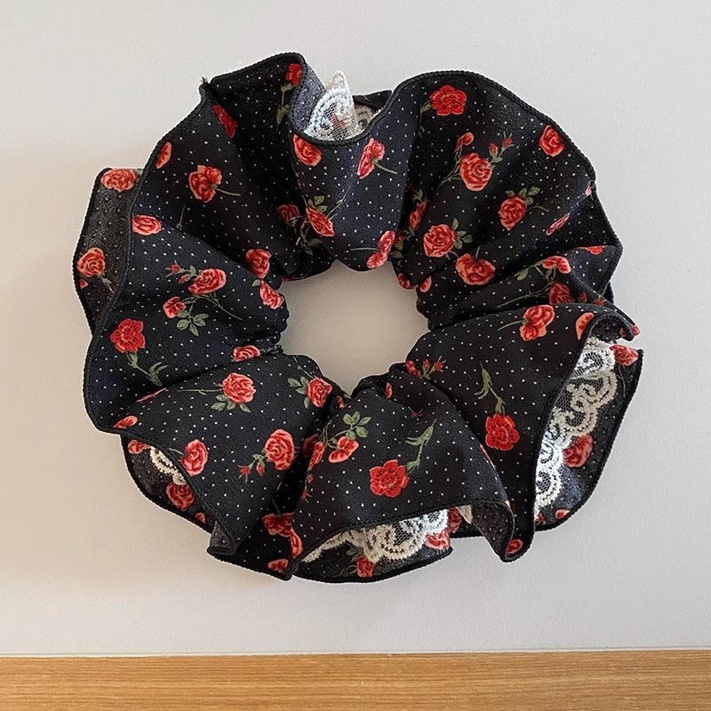 Women's Ballet Lace Hair Scrunchie Blue White Plaid Cherry Print