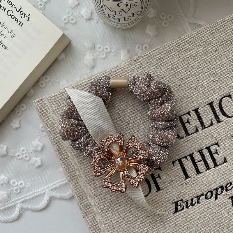 Women's Autumn Cloth Hair Tie Black Rhinestone Four Leaf Clover