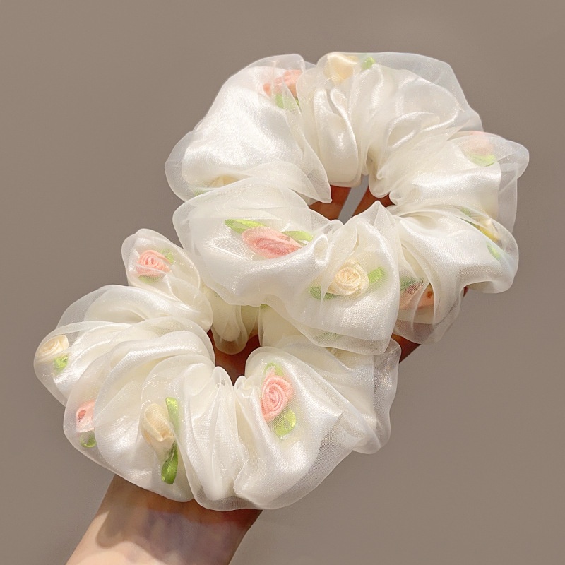 Women's Spring Summer Gauze Floral Hair Tie Rubber Band White