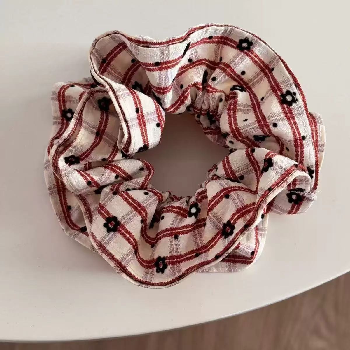 Women's Premium Oversized Lace Scrunchie Cloth Hair Tie Mint Plaid