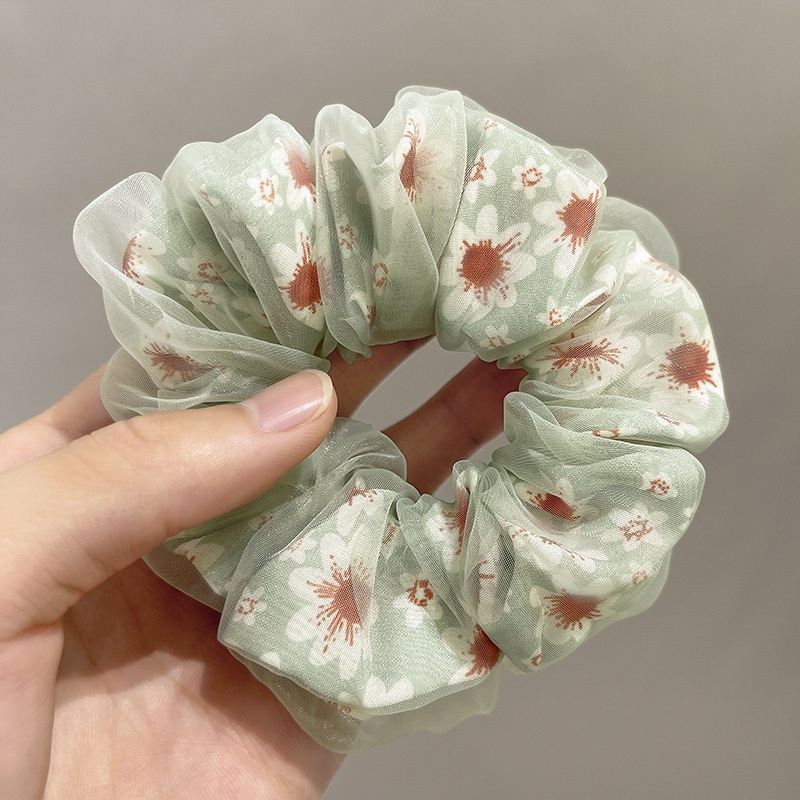 Women's Spring Summer Gauze Floral Hair Tie Rubber Band White