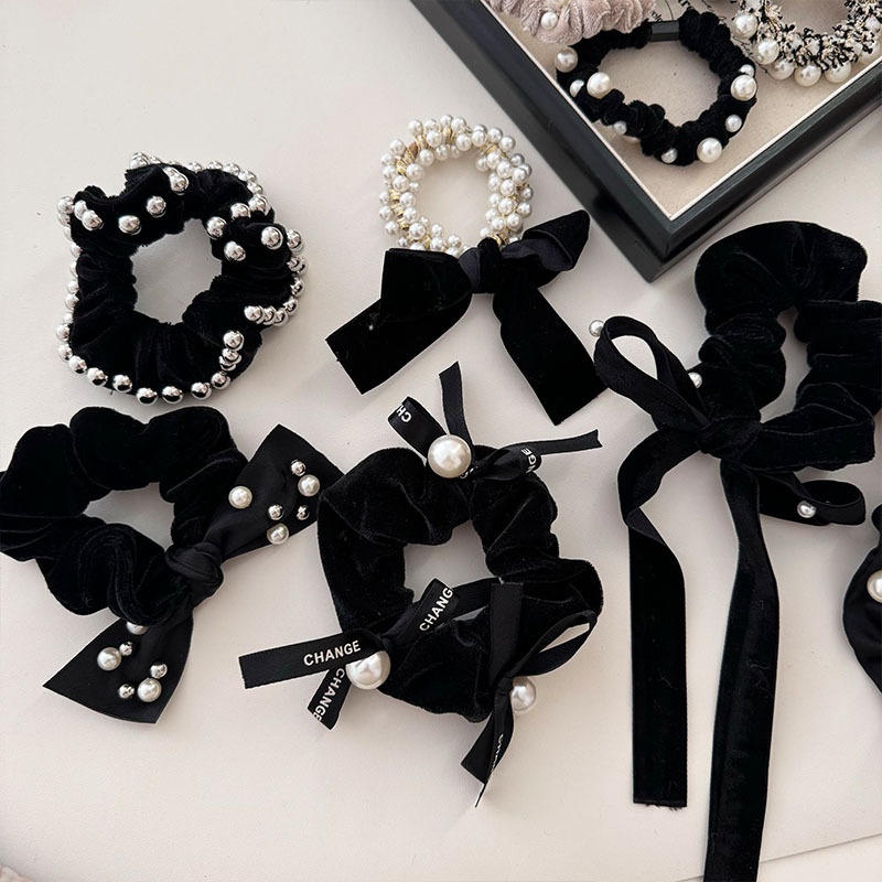 Women French Velvet Hair Scrunchie With Pearl Bow Knot Black