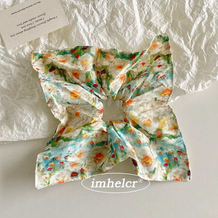 Women's Vintage Cloth Scarf Hair Tie Accessory Green Painted Flower