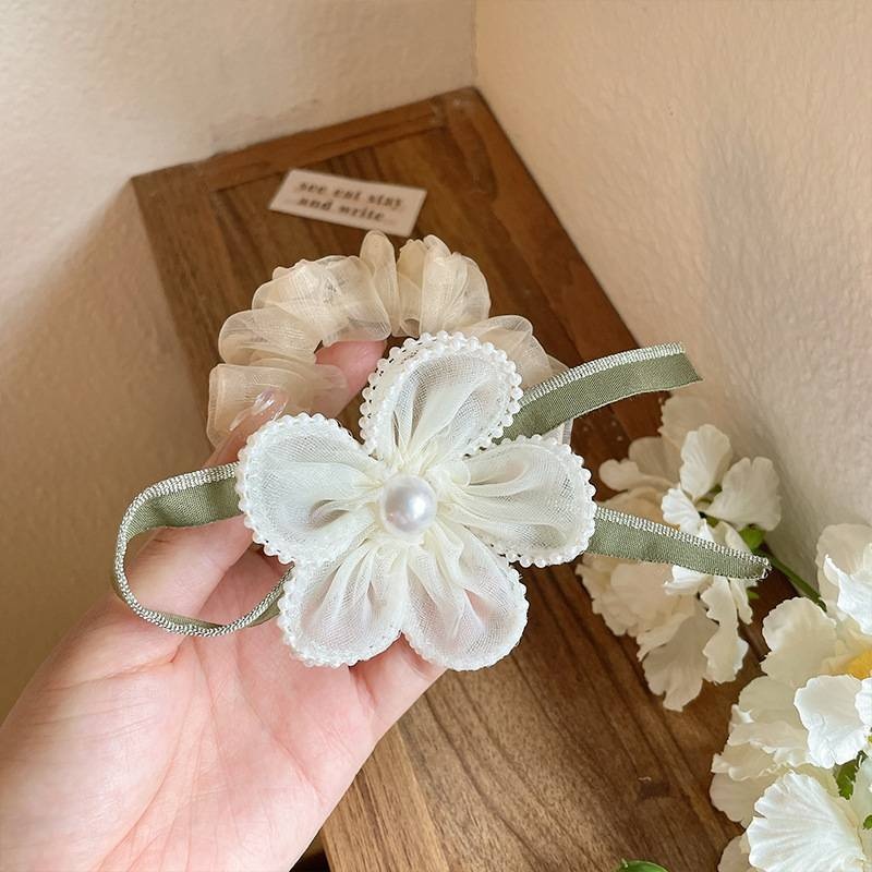 Women's Summer Mesh Pearl Bowknot Hair Tie Sweet Pink White Floral