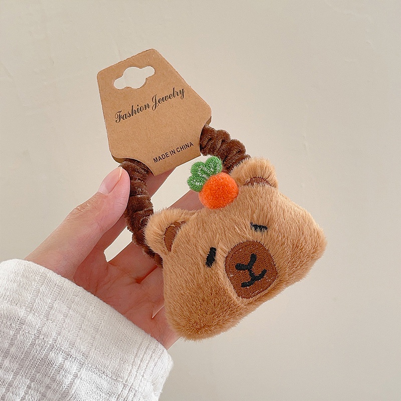 Women's Plush Rabbit Fur Hair Clip Ponytail Holder Cute Capybara Pattern