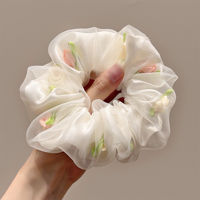 Women's Spring Summer Gauze Floral Hair Tie Rubber Band White