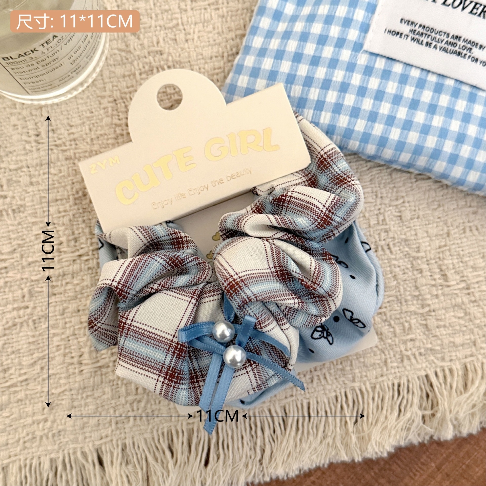 Girls Sweet Cloth Scrunchie Long Ribbon Bow Red Cherry Pattern