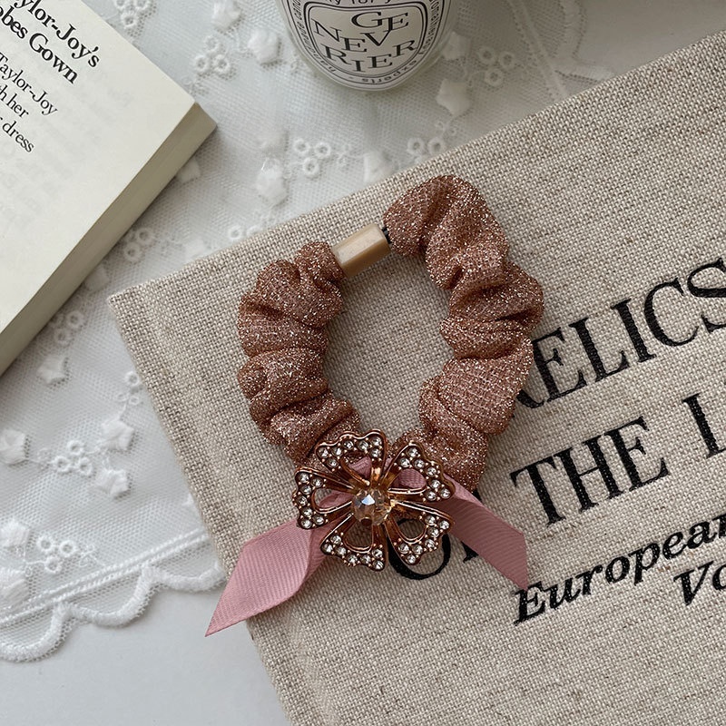 Women's Autumn Cloth Hair Tie Black Rhinestone Four Leaf Clover