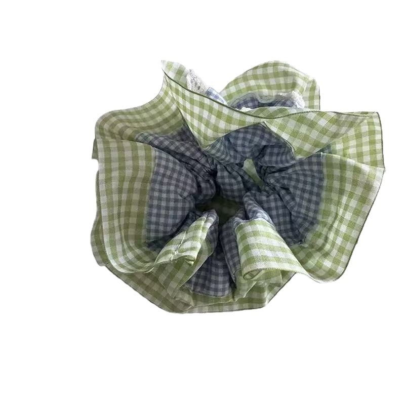 Women's Premium Oversized Lace Scrunchie Cloth Hair Tie Mint Plaid
