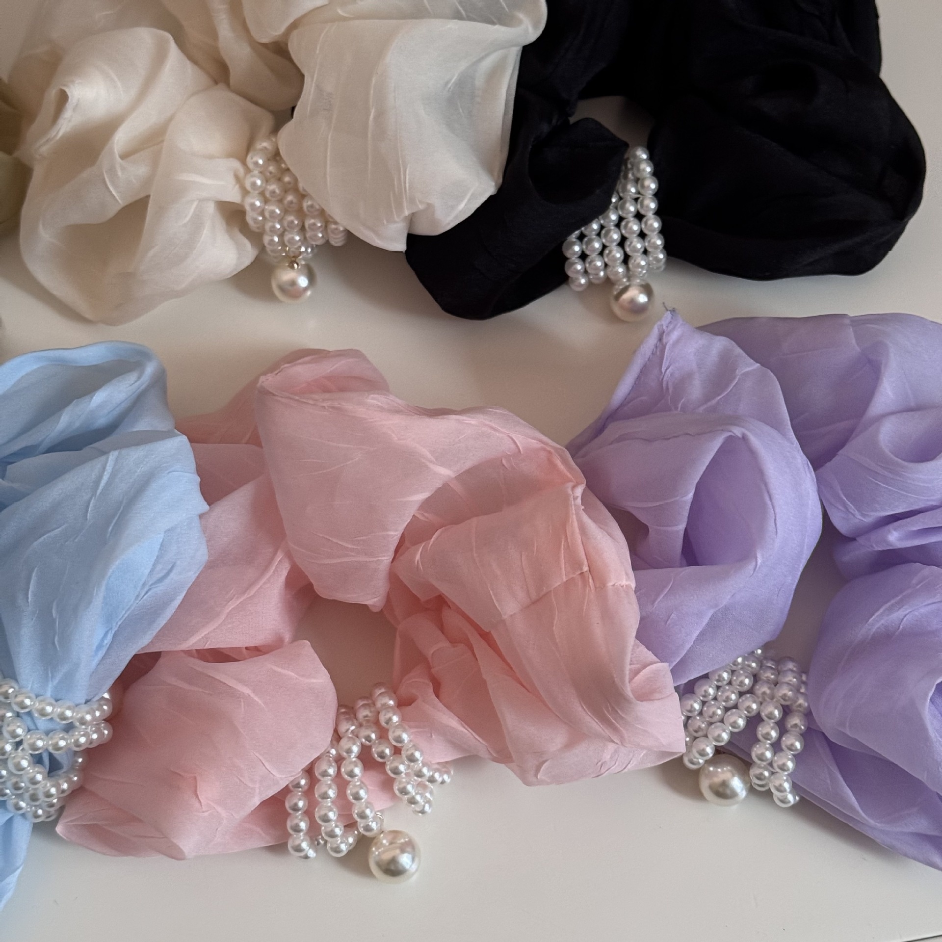 Women's Retro Tulle Pearl Hair Tie Elastic Scrunchie Beige