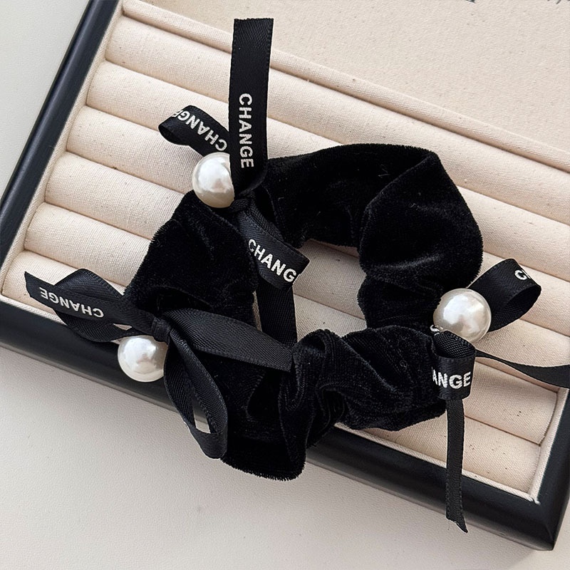 Women French Velvet Hair Scrunchie With Pearl Bow Knot Black