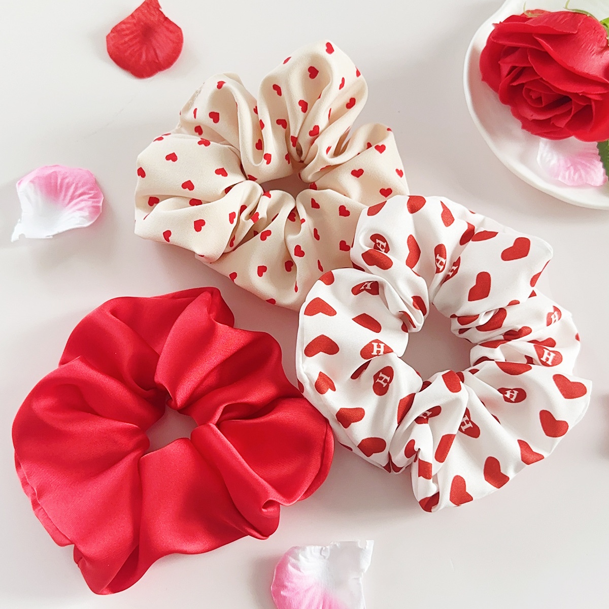 Women's Valentine Cloth Elastic Hairband Red White Beige Heart