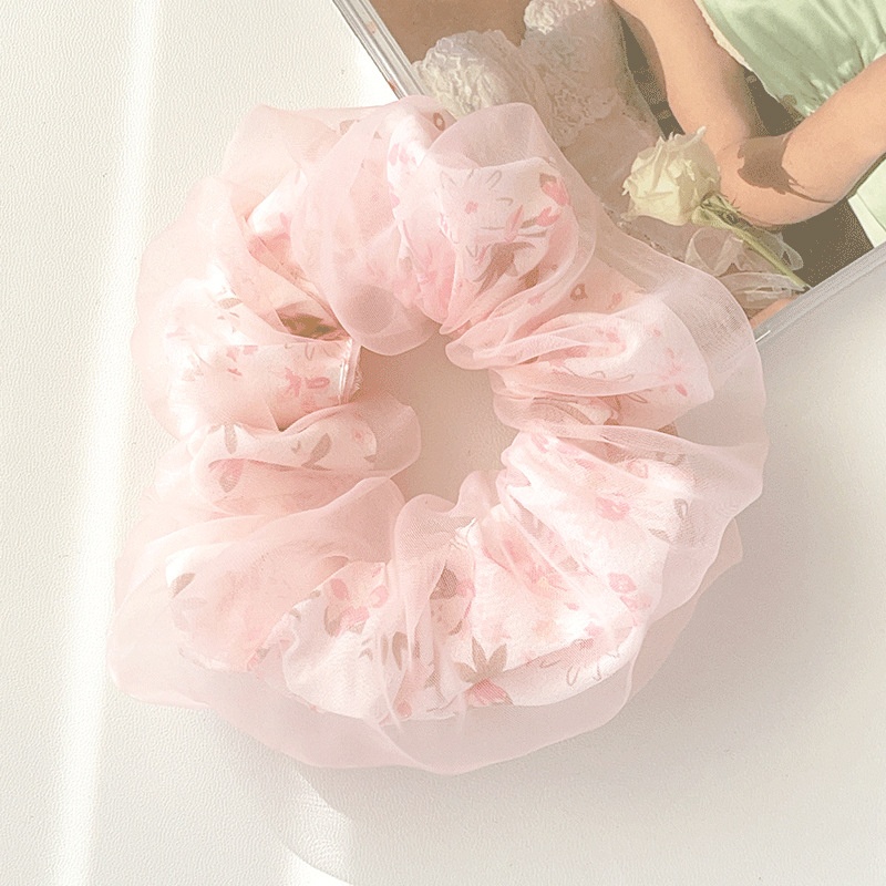 Women's Spring Summer Gauze Floral Hair Tie Rubber Band White