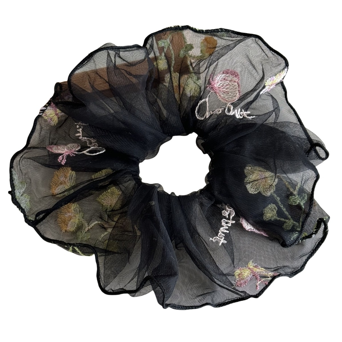 Women Gentle Fairy Mesh Hair Scrunchie Embroidered Floral Pleated