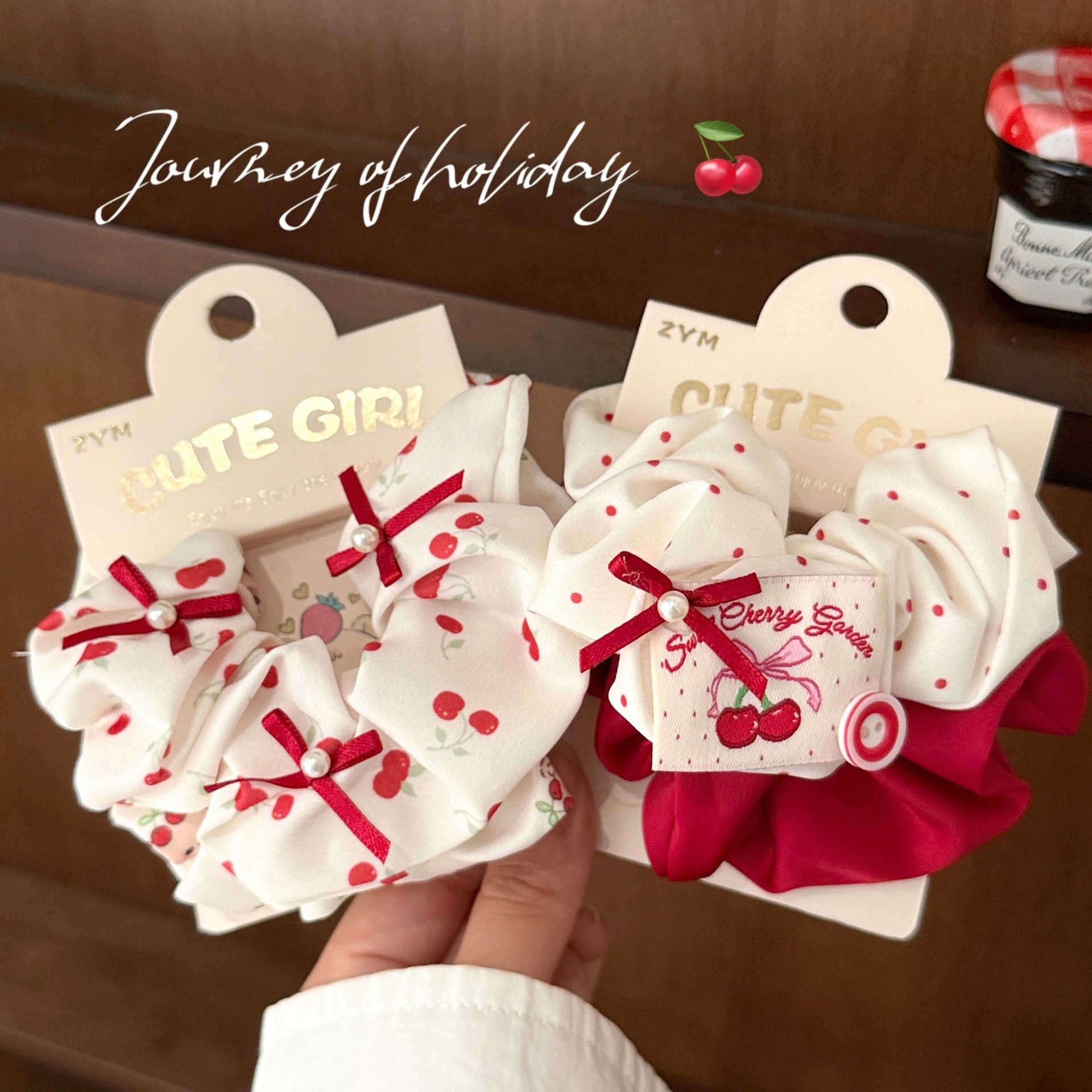 Girls Sweet Cloth Scrunchie Long Ribbon Bow Red Cherry Pattern