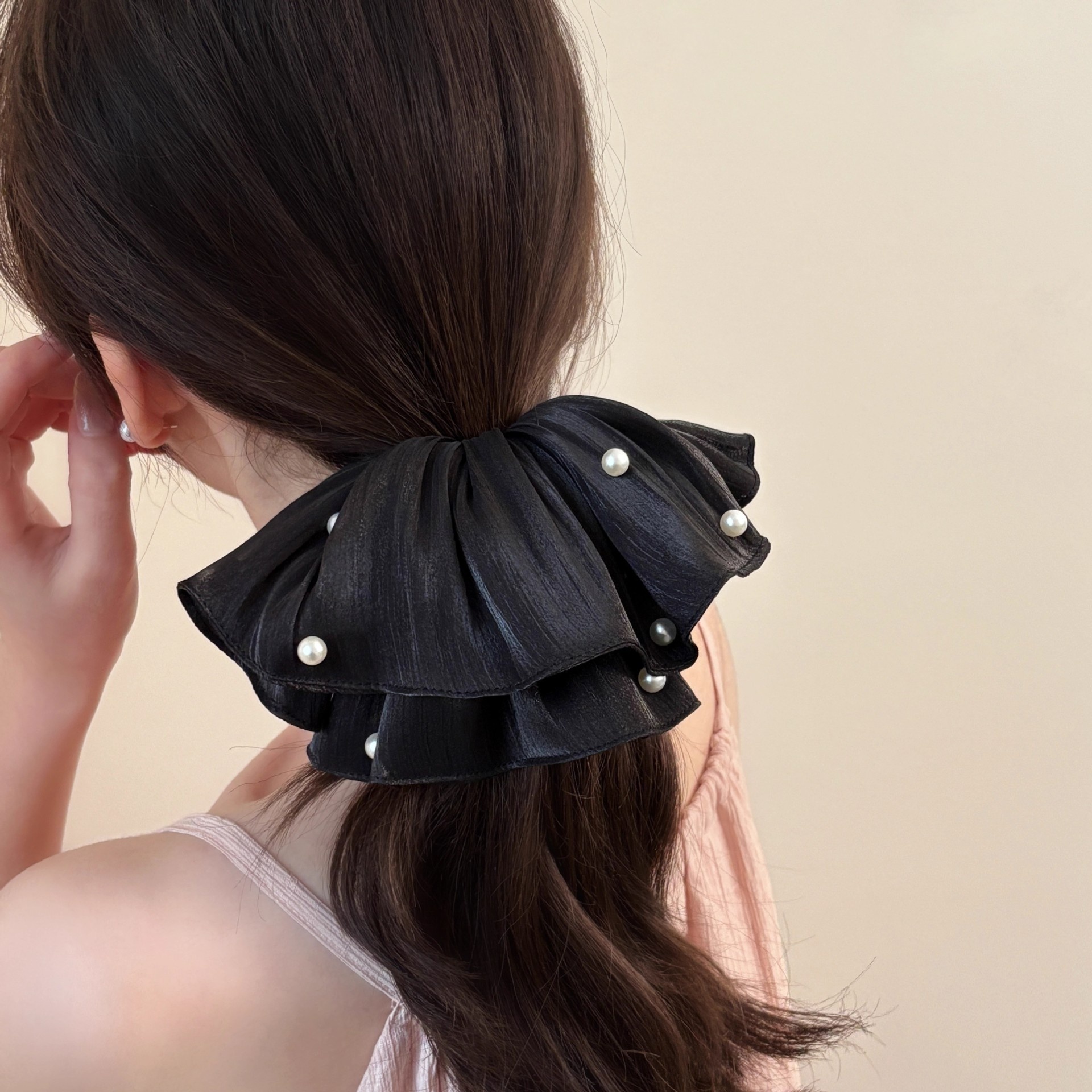 Women's Pearl Mesh Scrunchie Sweet French Floral Cloth Hair Tie