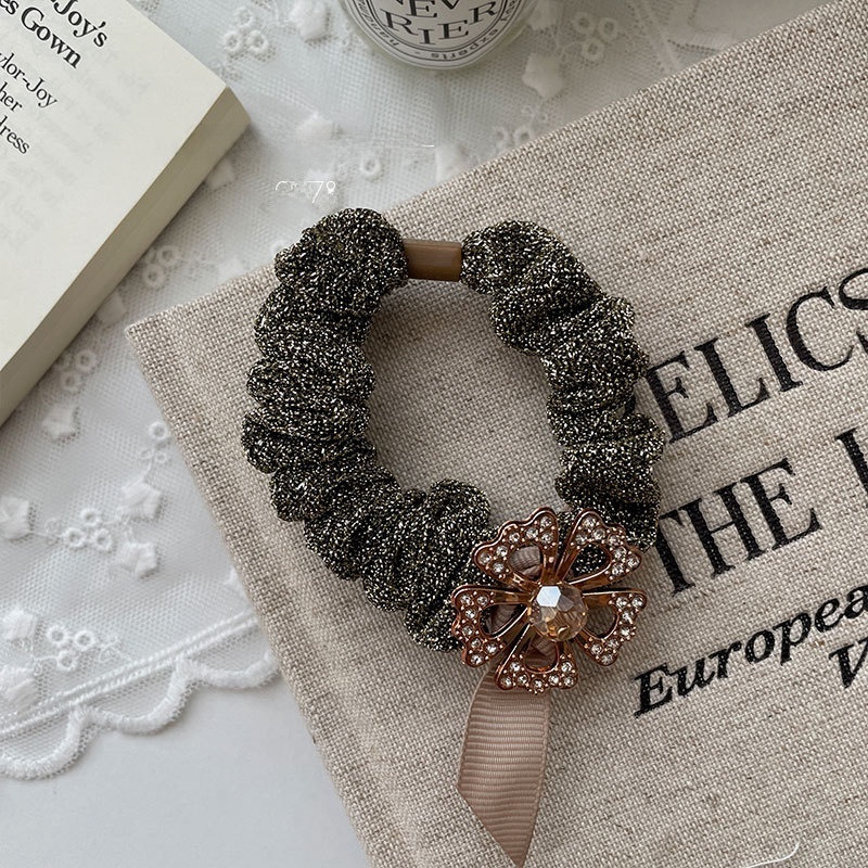 Women's Autumn Cloth Hair Tie Black Rhinestone Four Leaf Clover