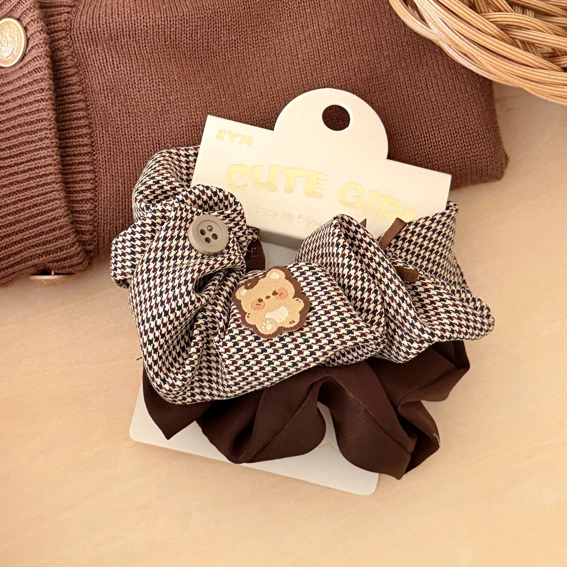 Girls Sweet Cloth Scrunchie Long Ribbon Bow Red Cherry Pattern