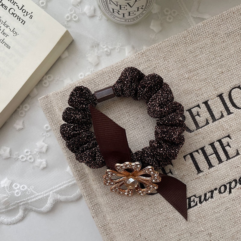 Women's Autumn Cloth Hair Tie Black Rhinestone Four Leaf Clover