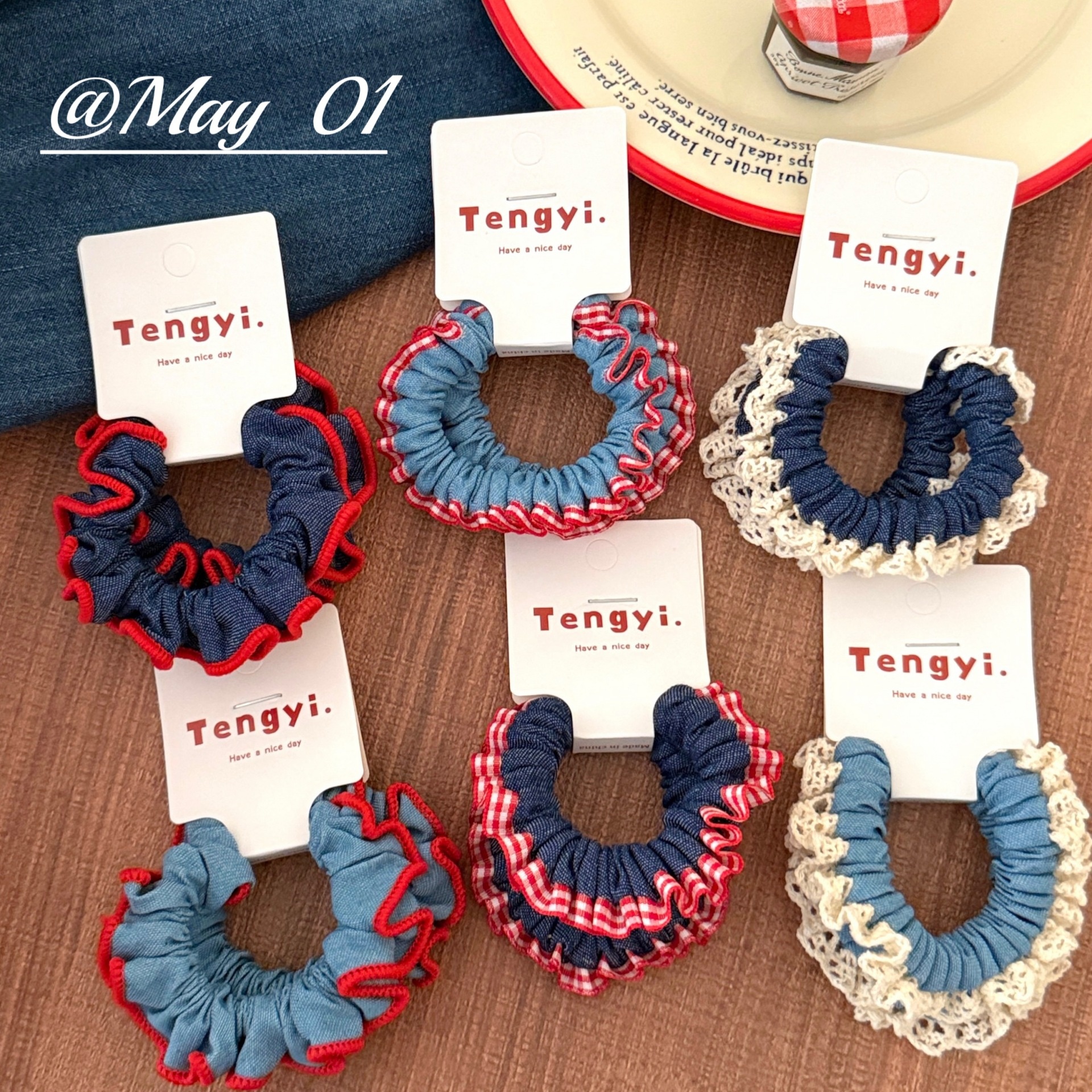 Girls Sweet Lace Trim Denim Ponytail Hair Ties Versatile Blue Cartoon Cloth