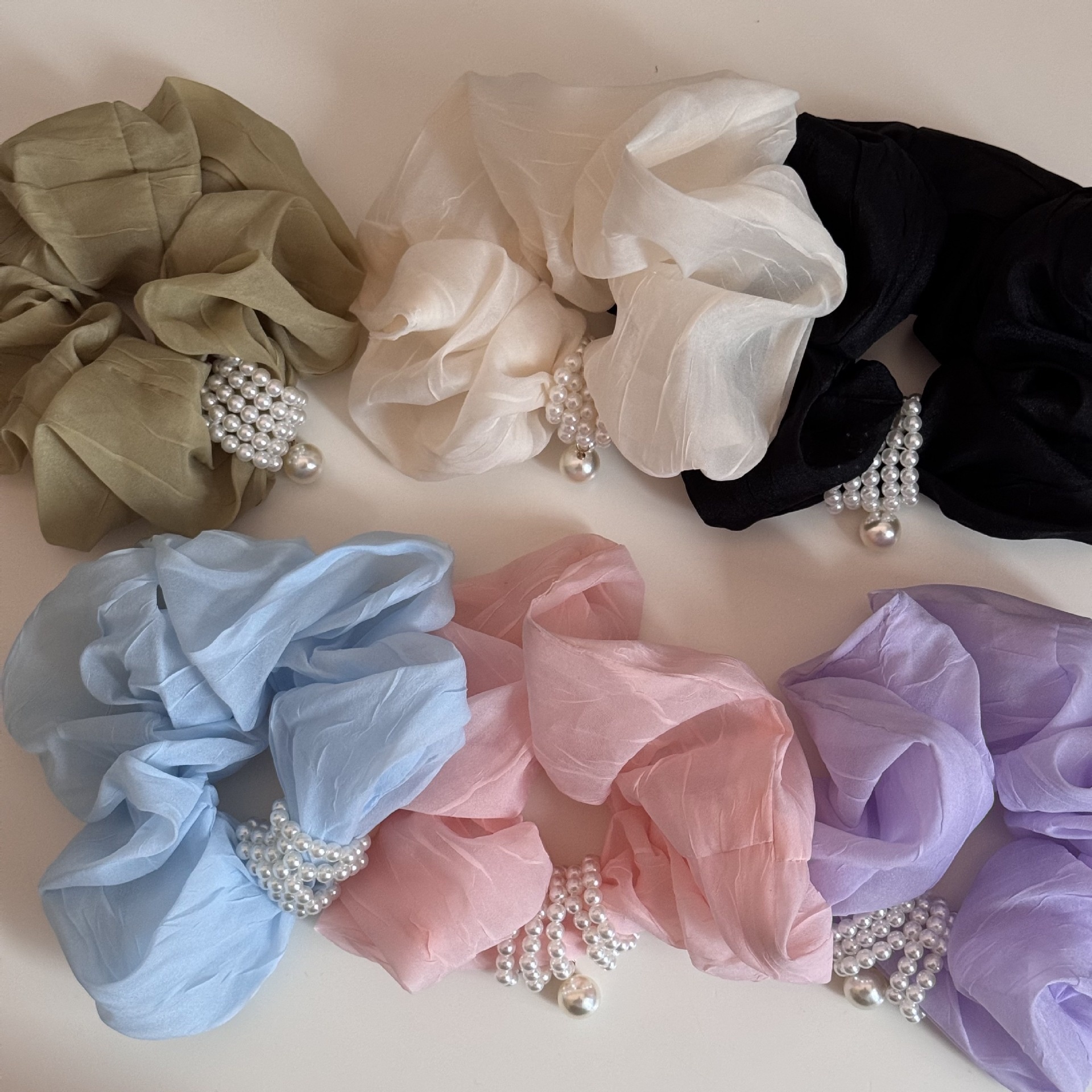 Women's Retro Tulle Pearl Hair Tie Elastic Scrunchie Beige