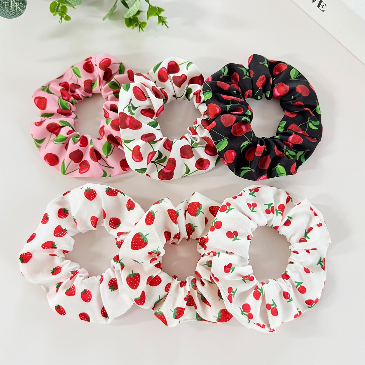 Women's High Elastic Fabric Hair Tie Sweet Cherry Strawberry Print