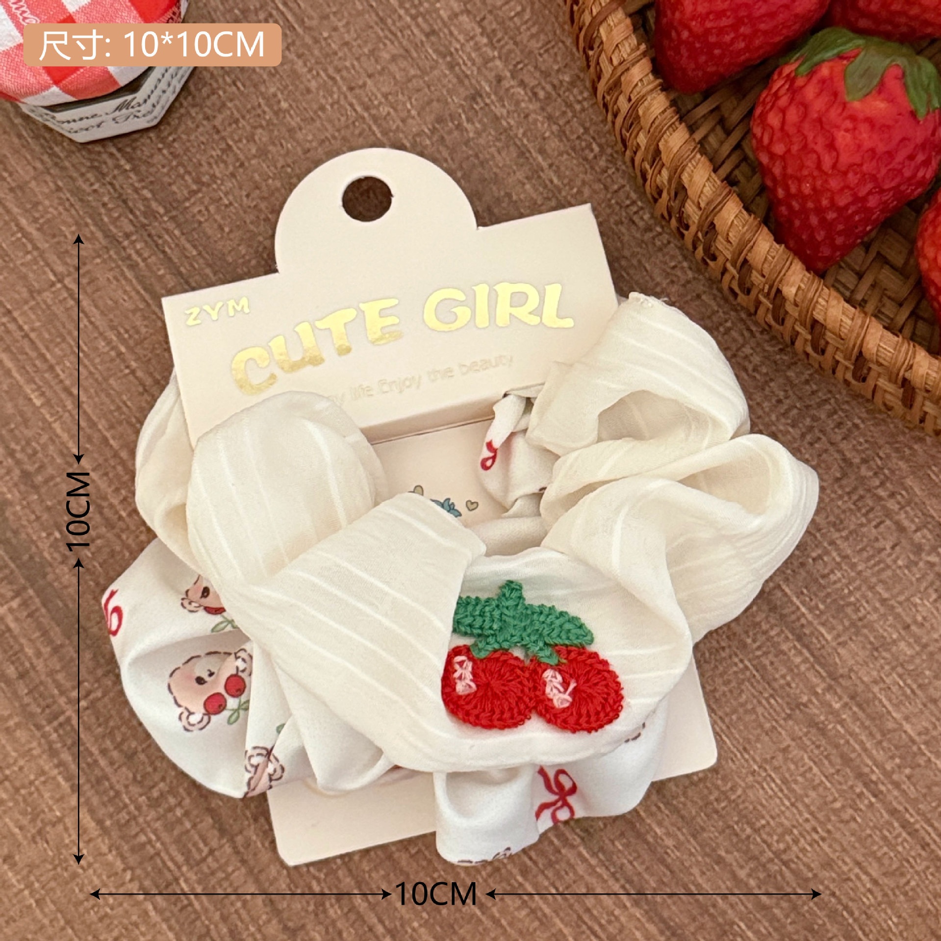 Girls Sweet Cloth Scrunchie Long Ribbon Bow Red Cherry Pattern