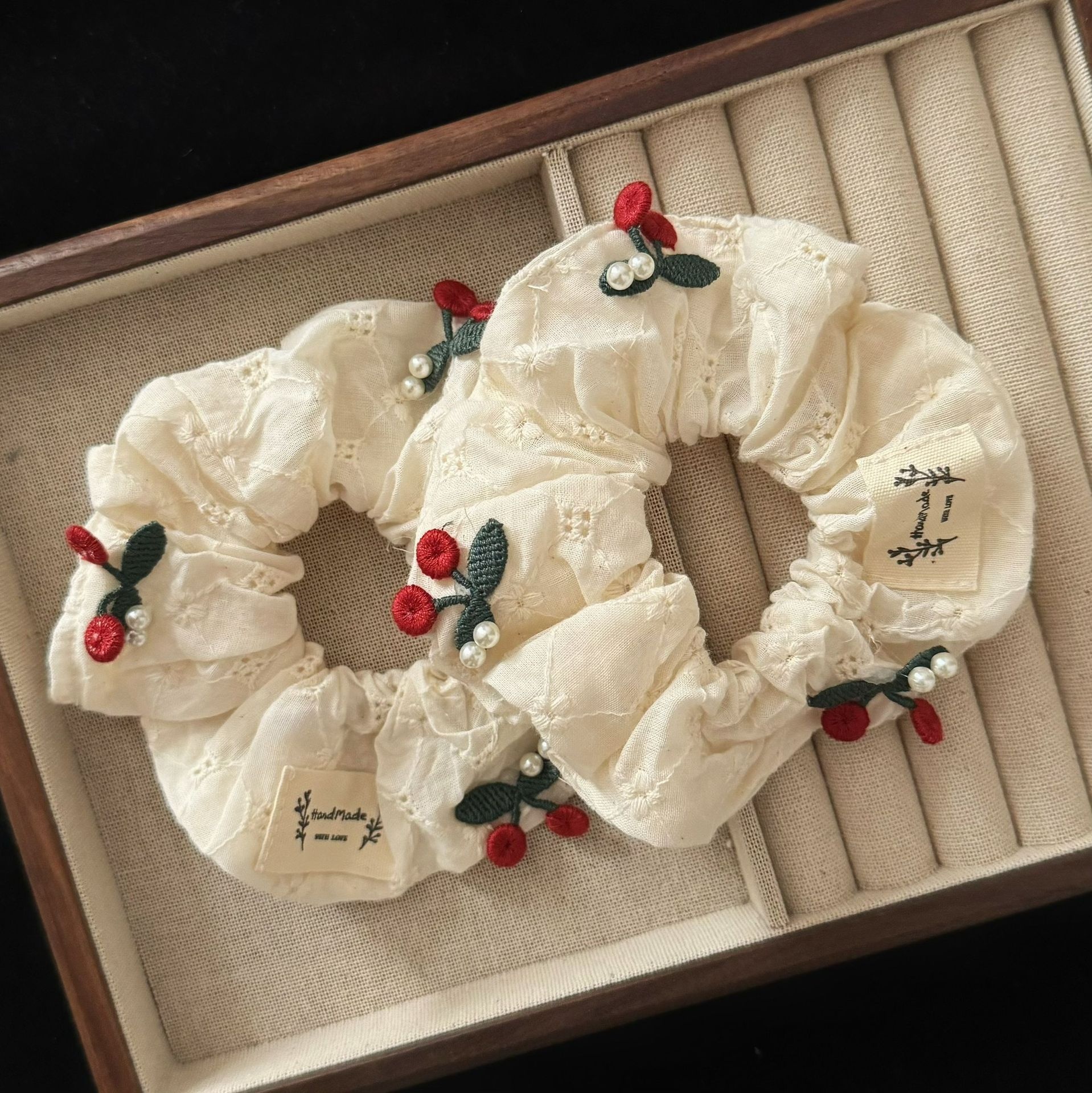 Girls Sweet Cloth Ponytail And Bun Hair Ties Red Cherry Lace