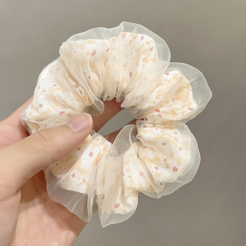 Women's Spring Summer Gauze Floral Hair Tie Rubber Band White