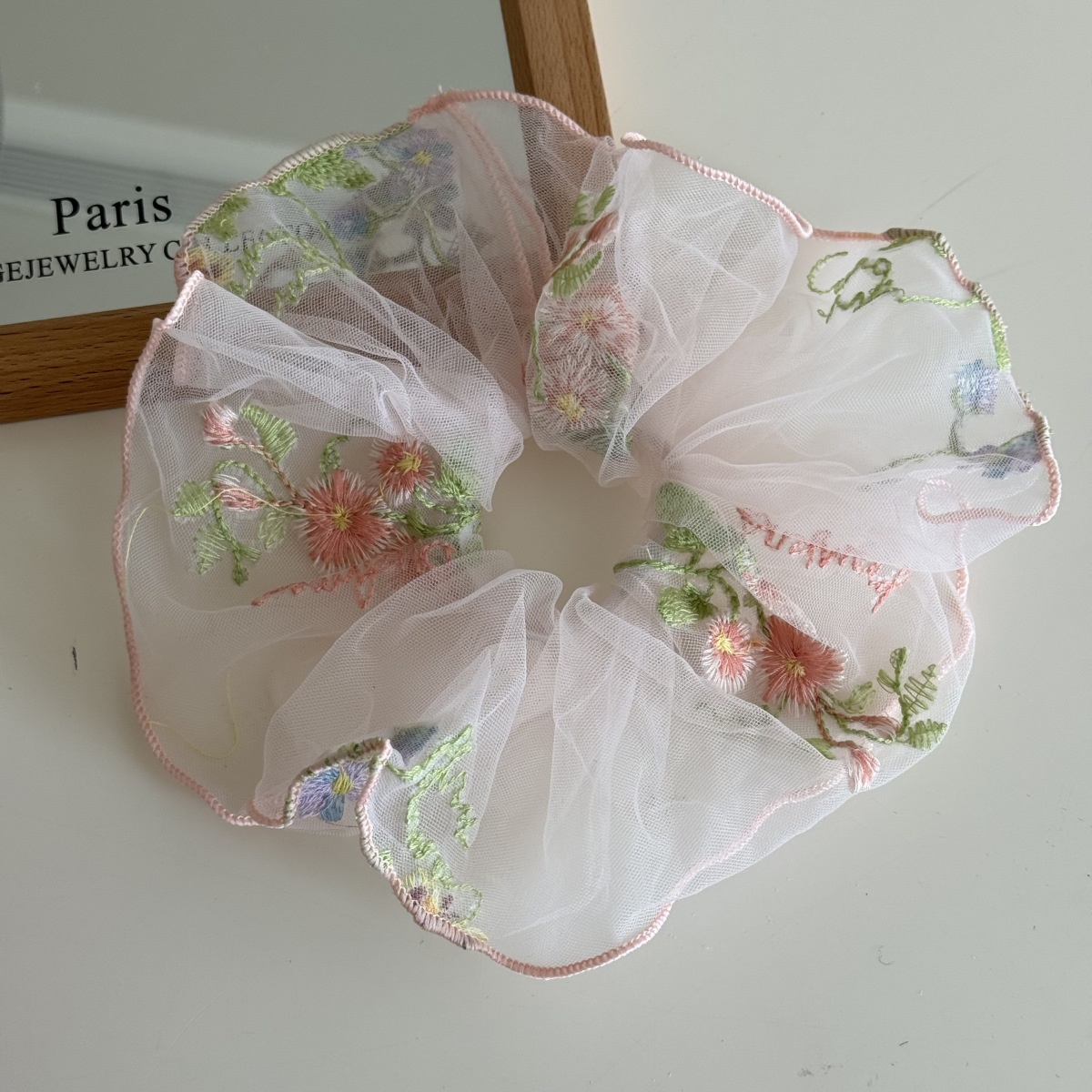 Women Gentle Fairy Mesh Hair Scrunchie Embroidered Floral Pleated
