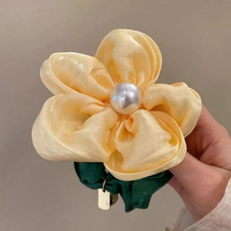 Women's High Elastic Pearl Telephone Cord Hair Tie Holiday Floral Scrunchie