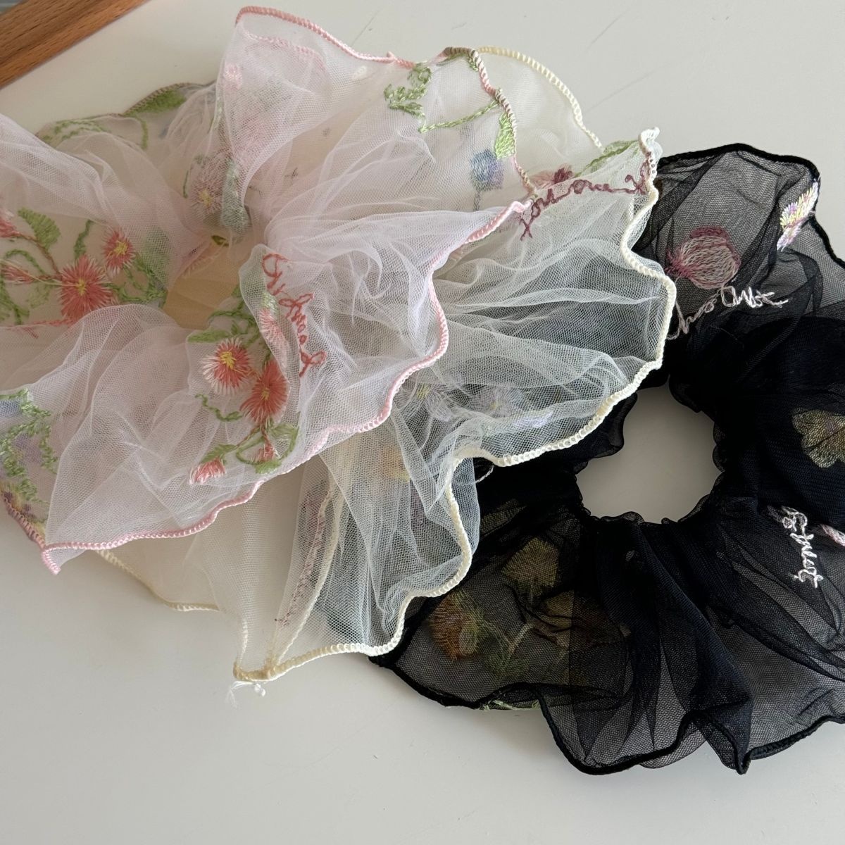 Women Gentle Fairy Mesh Hair Scrunchie Embroidered Floral Pleated