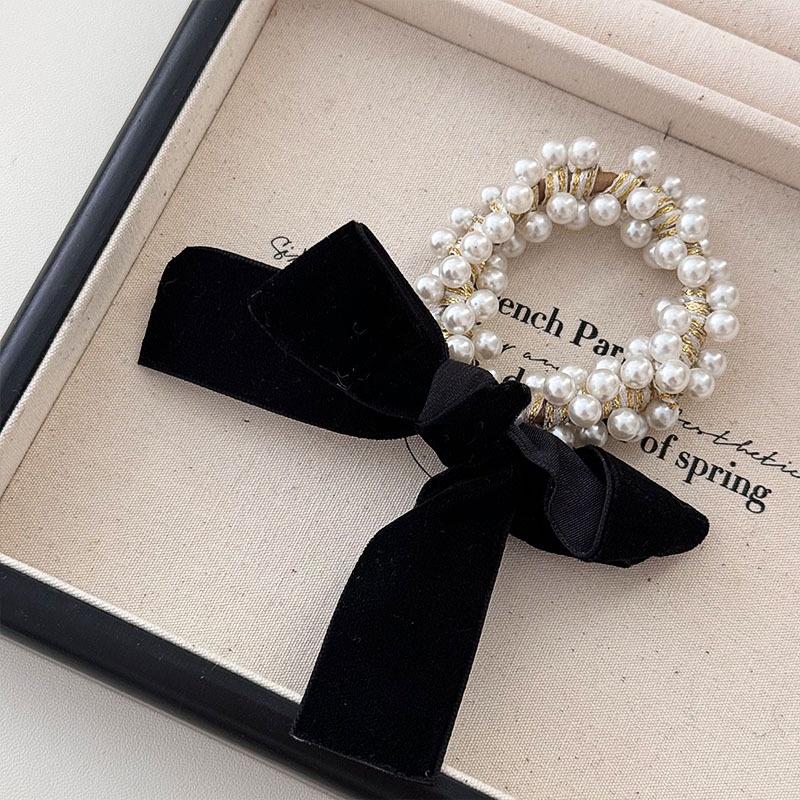 Women French Velvet Hair Scrunchie With Pearl Bow Knot Black