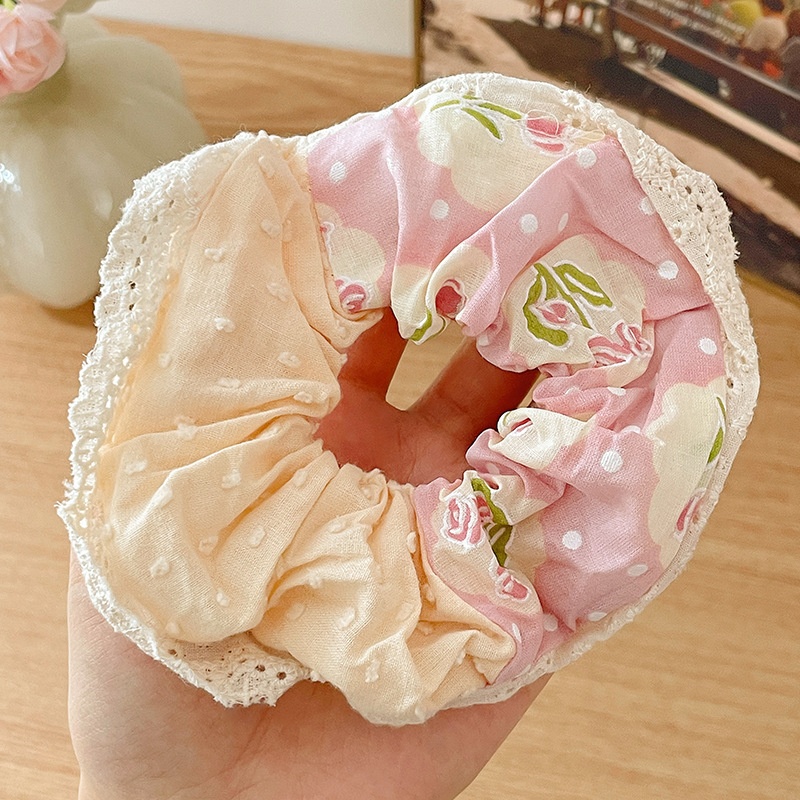Women's Cloth Lace Scarf Scrunchie Daily Hair Tie Spring Tulip Floral