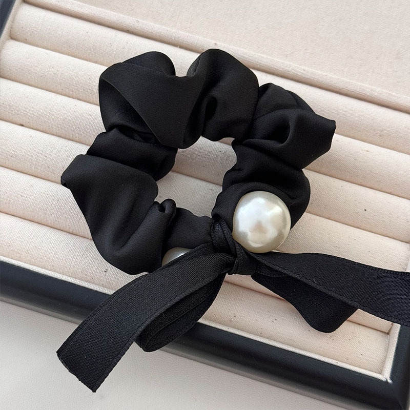 Women French Velvet Hair Scrunchie With Pearl Bow Knot Black