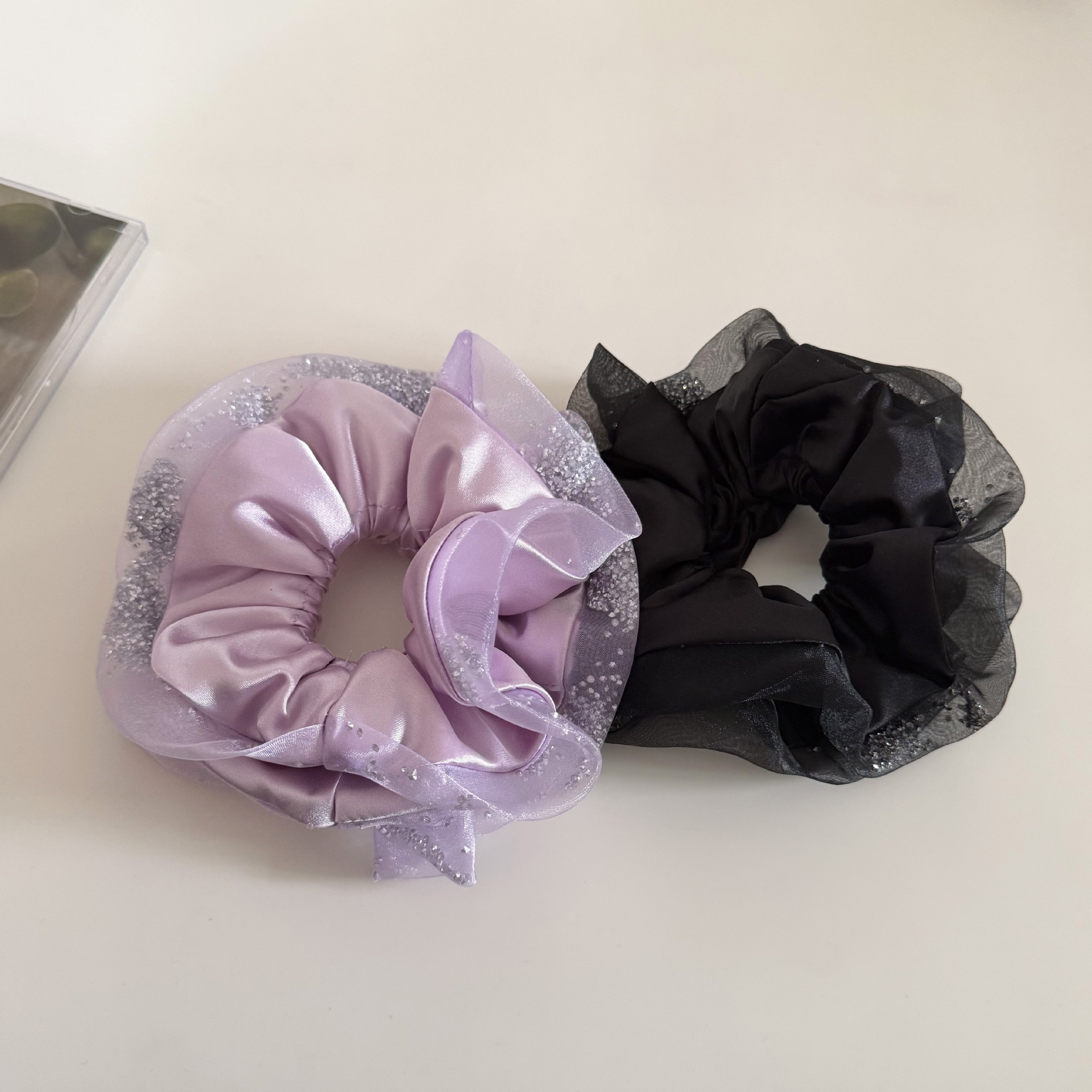 Women's French Style Rhinestone Gauze Party Hair Tie Purple Black