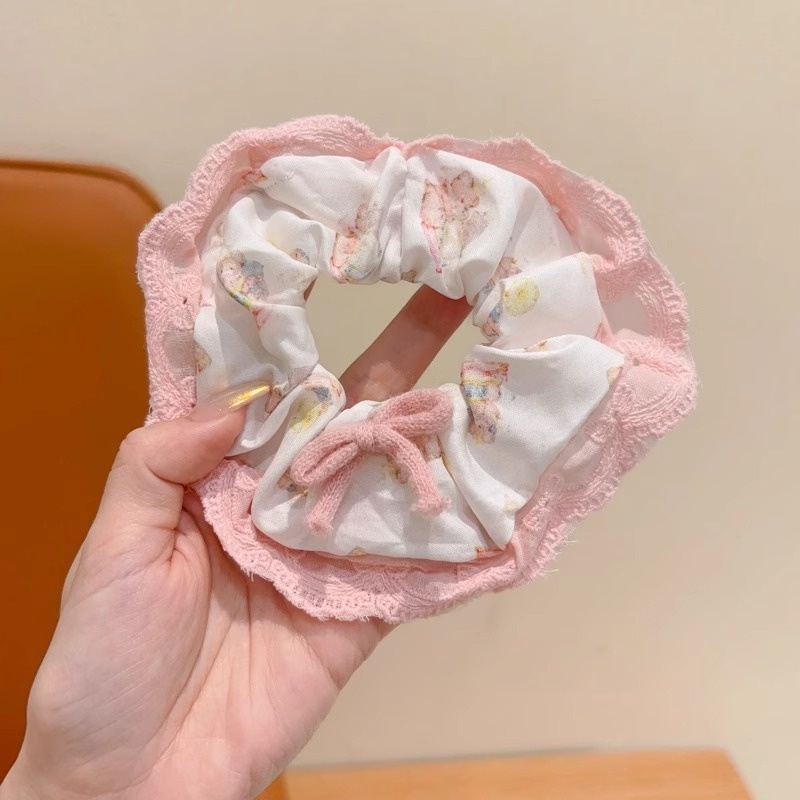 Women Spring Summer Cloth Hair Scrunchie Tie Romantic Polka Dot Lace