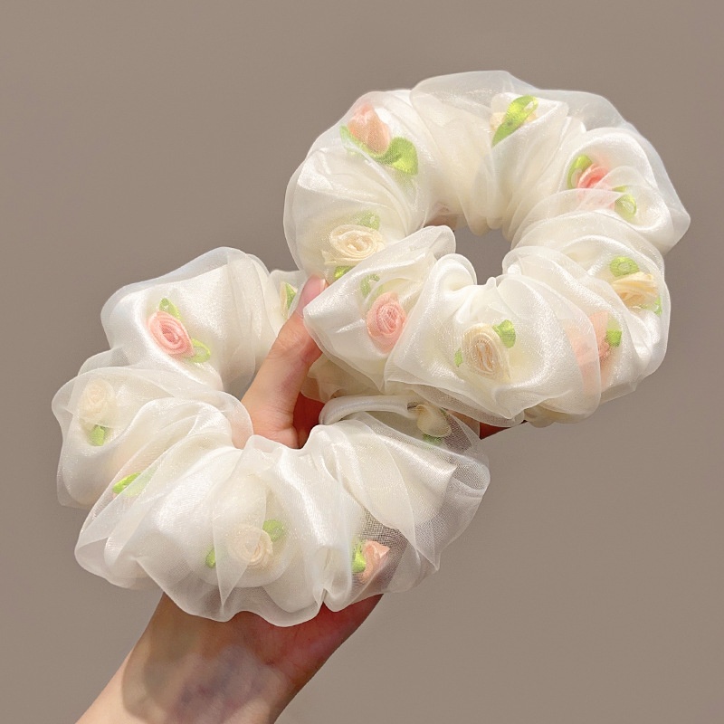 Women's Spring Summer Gauze Floral Hair Tie Rubber Band White