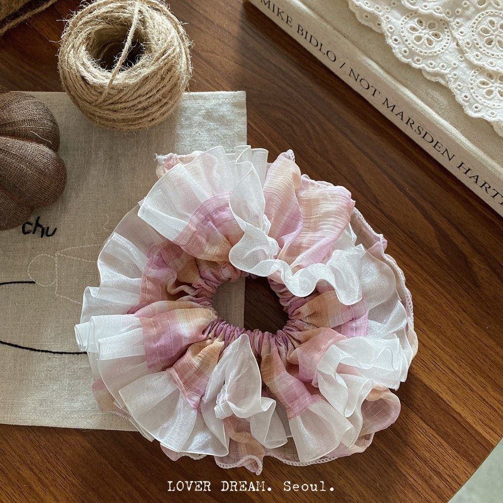 Women's Elegant French Gauze Hair Tie For Autumn Daily Wear Blue Plaid