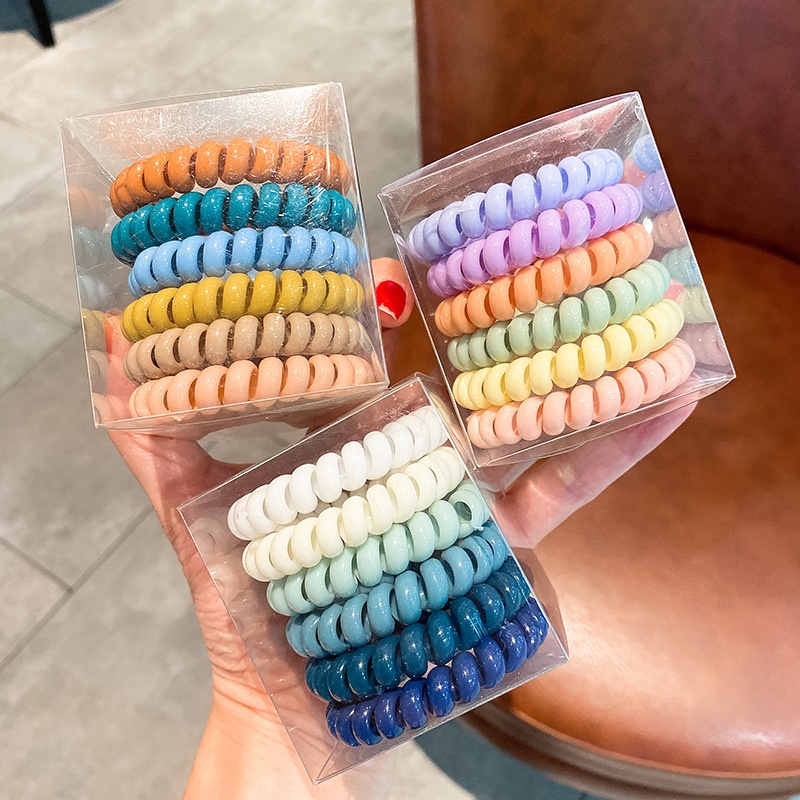 Women Autumn Plastic Telephone Cord Hair Ties 6Pcs Multicolor Round
